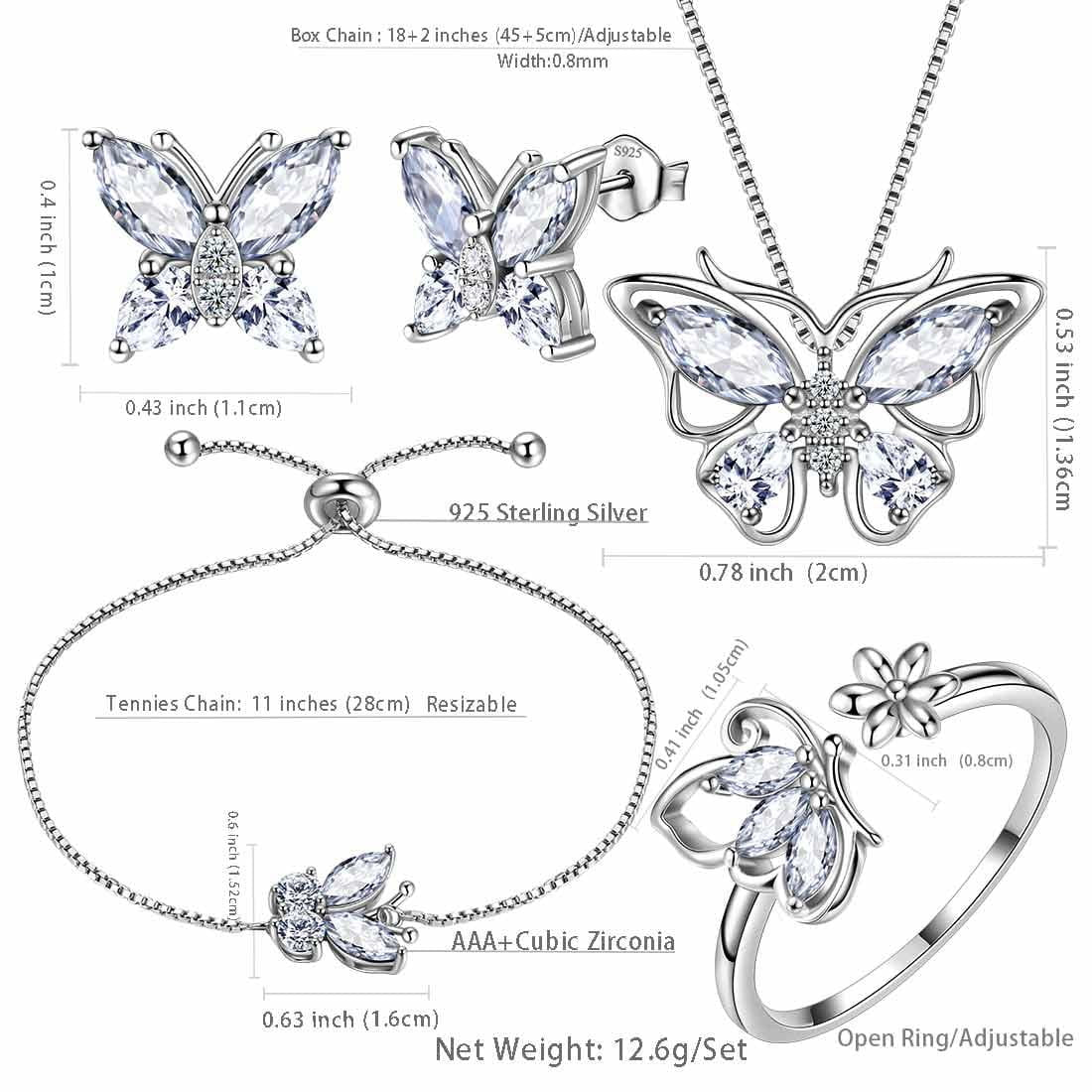 April Birthstone Jewelry Set Necklace/Earrings/Ring/Bracelet Butterfly Fine White Diamond Sterling Silver Women Xmas Birthday Mother'S Day Gifts