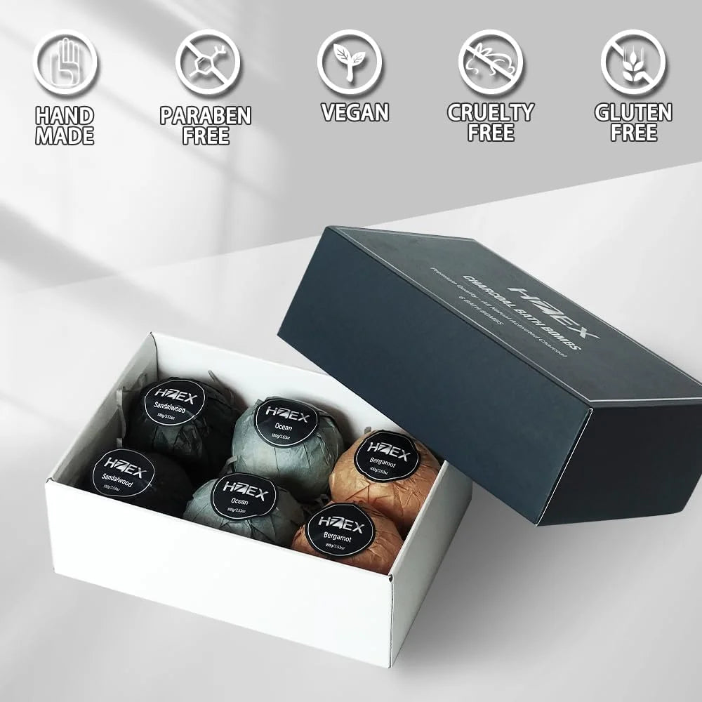 Bath Bombs,  Luxury Charcoal 6 Large Natural Bathbomb Fizzes for Men Women, Organic Bath Bomb with Essential Oils and Shea Butter, Stress Relief and Relaxation, Detox with Charcoal Bathbombs