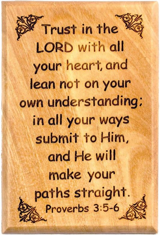 Bible Verse Fridge Magnets, Trust in the Lord - Proverbs 3:5-6, 1.6" X 2.5" Olive Wood Religious Motivational Faith Magnets from Bethlehem, Home, Kitchen, & Office, Inspirational Scripture Décor