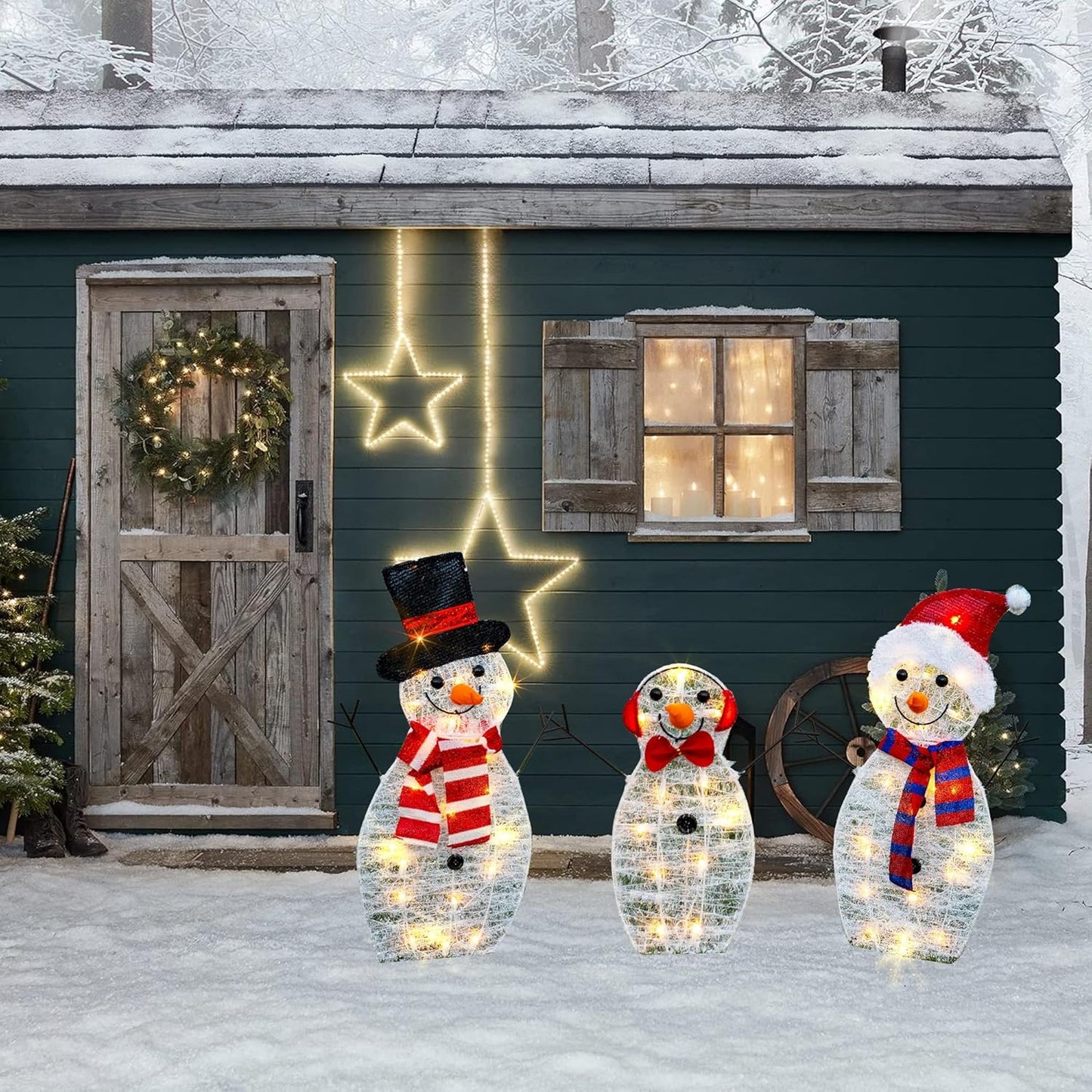 Large 3-Piece Lighted Snowman Family Decoration for Outdoor Holiday Decor