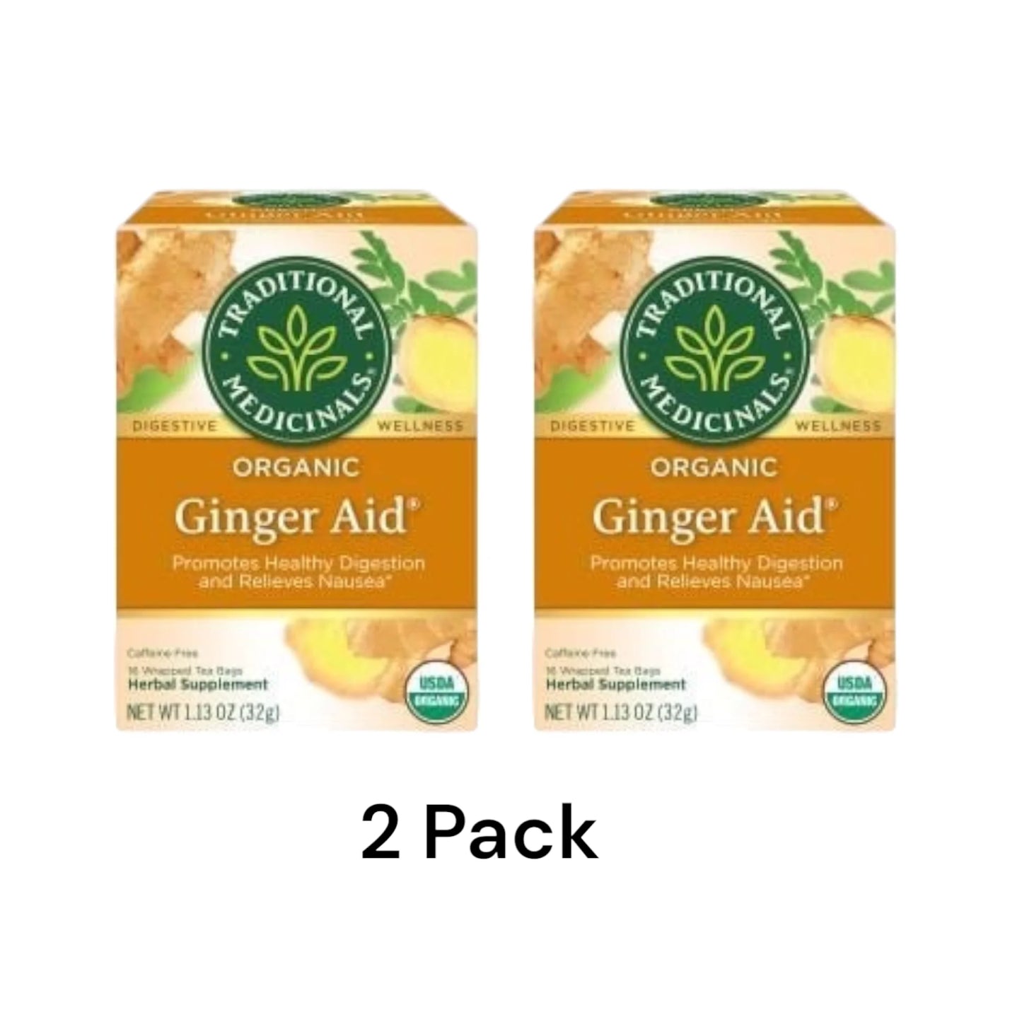 ( 2 Pack ) Traditional Medicinal Herbal Ginger Aid, Organic Tea Bags, 16 Count
