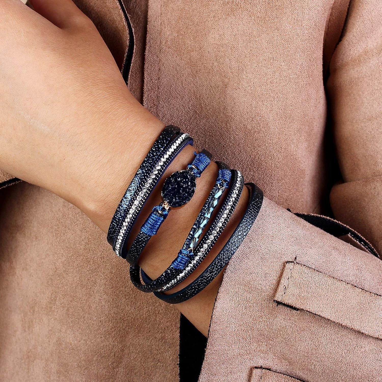 Leather Wrap Bracelet Boho Cuff Bangle Bracelets Crystal Bead Bracelet with Magnetic Clasp Jewelry Gifts for Women