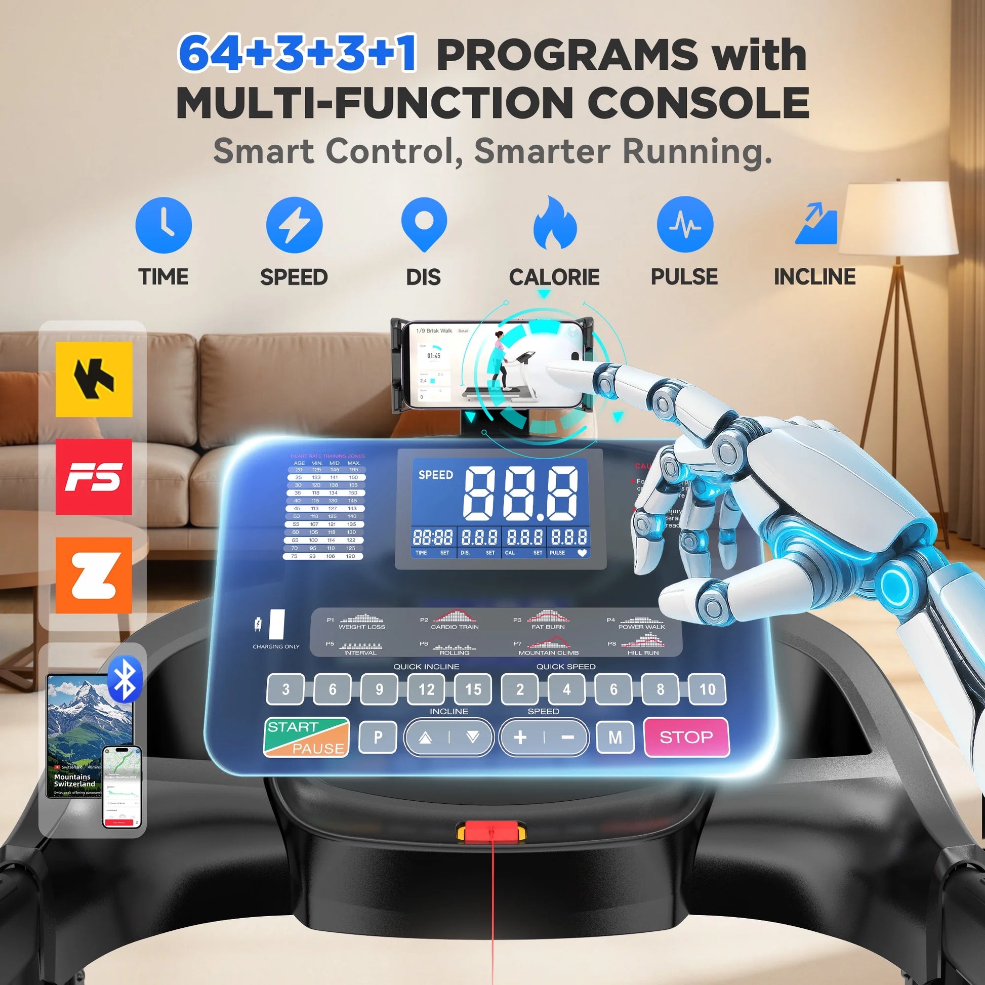 5.0HP Folding Treadmill for Home with 15 Auto Incline, Smart APP, 300Lbs, Hifi Bluetooth Speakers, 64 Programs, 10MPH Speed, Foldable Electric Treadmill Running Machine, Knee Strap Gift