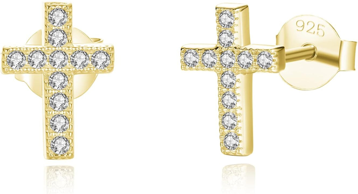 925 Sterling Silver Cubic Zirconia Petite Small Cross Stud Earrings Hypoallergenic for Women