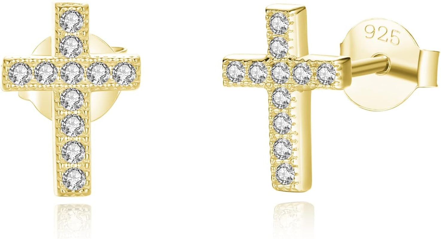 925 Sterling Silver Cubic Zirconia Petite Small Cross Stud Earrings Hypoallergenic for Women