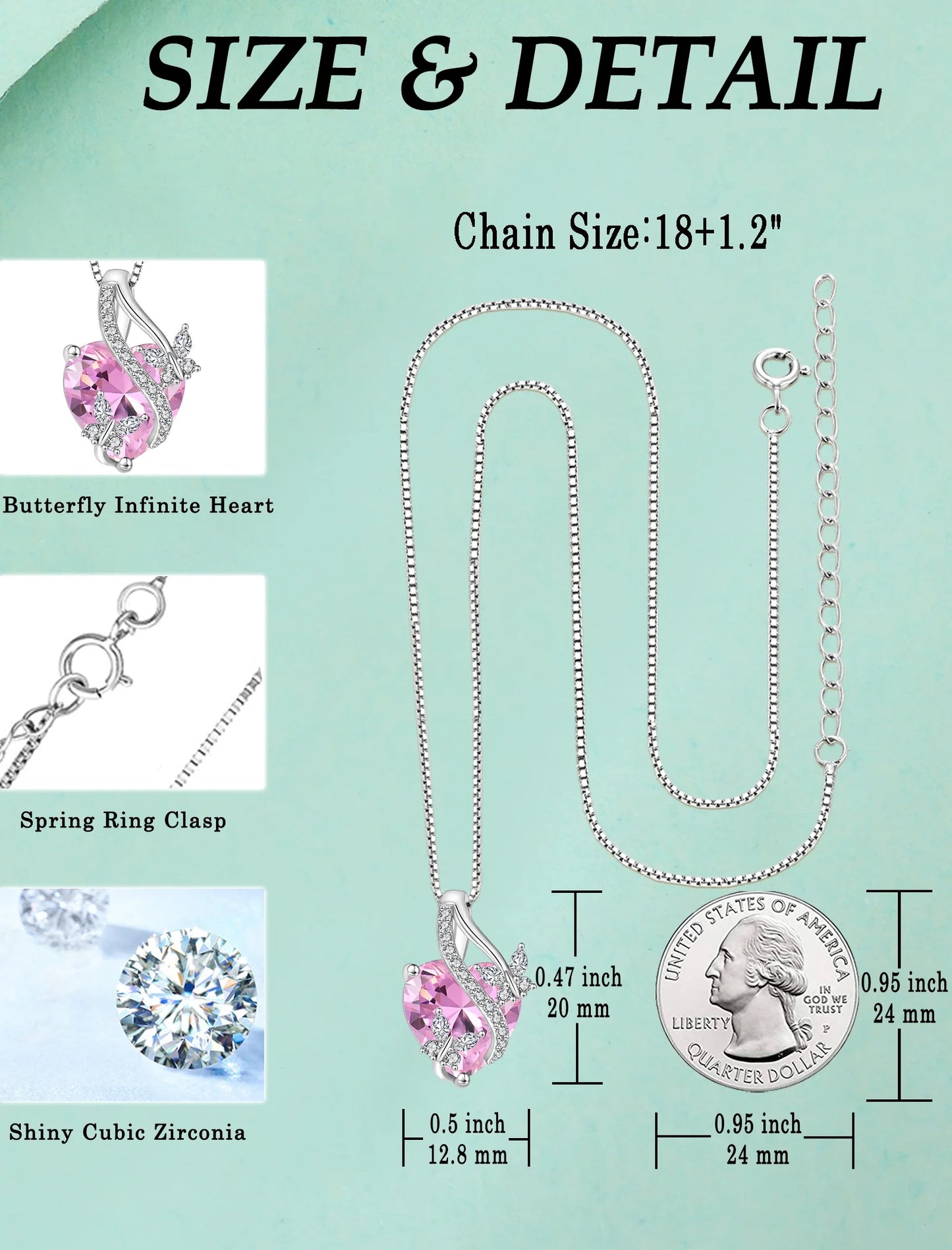 Infinite Heart Pendant Sterling Silver Butterfly Necklace for Women Jewelry Gift with Birthstone October Created Pink Tourmaline