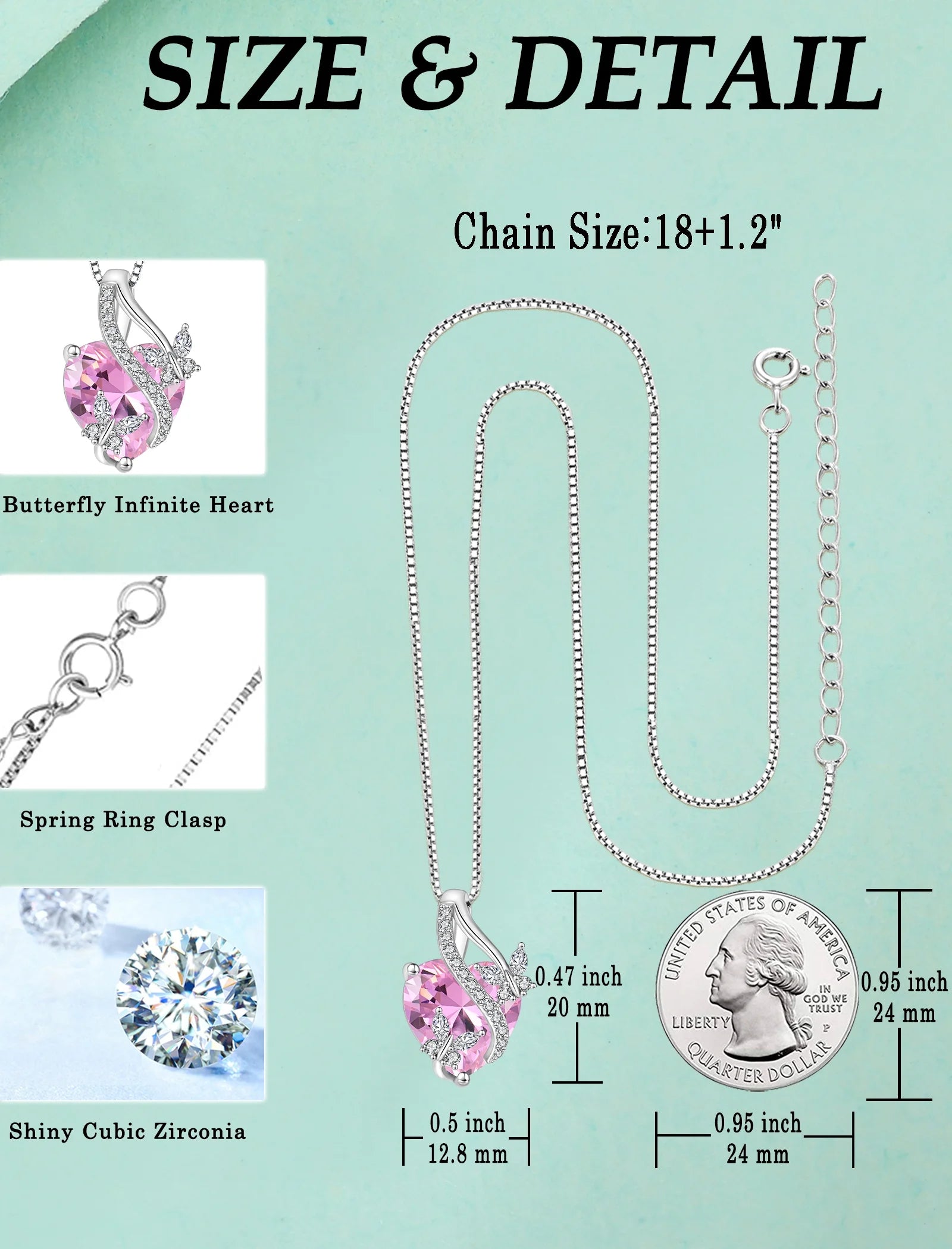 Infinite Heart Pendant Sterling Silver Butterfly Necklace for Women Jewelry Gift with Birthstone October Created Pink Tourmaline