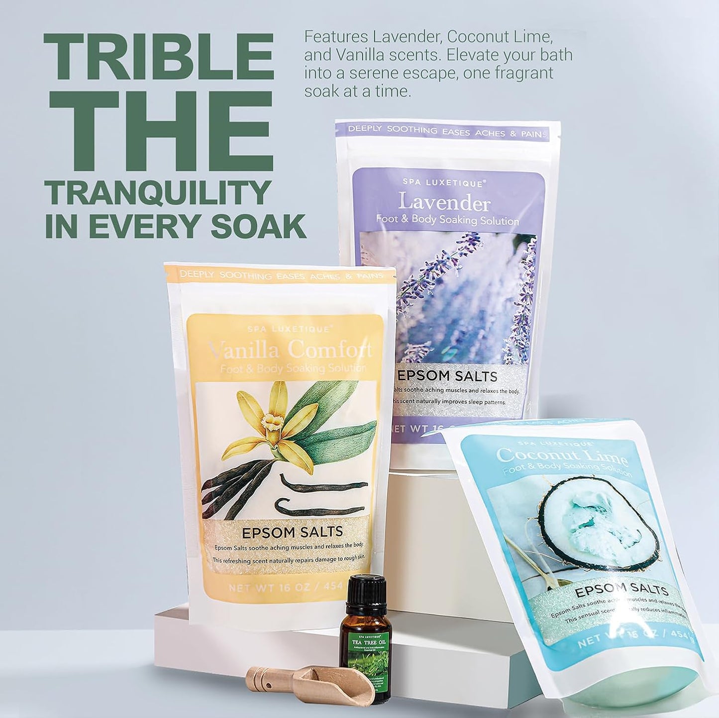 Bath Salts for Women,  Epsom Salts for Soaking, 3Pc Bath Salt Gifts Set, Lavender, Vanilla and Coconut Scent with Tea Tree Oil Gifts for Her Birthday Gifts