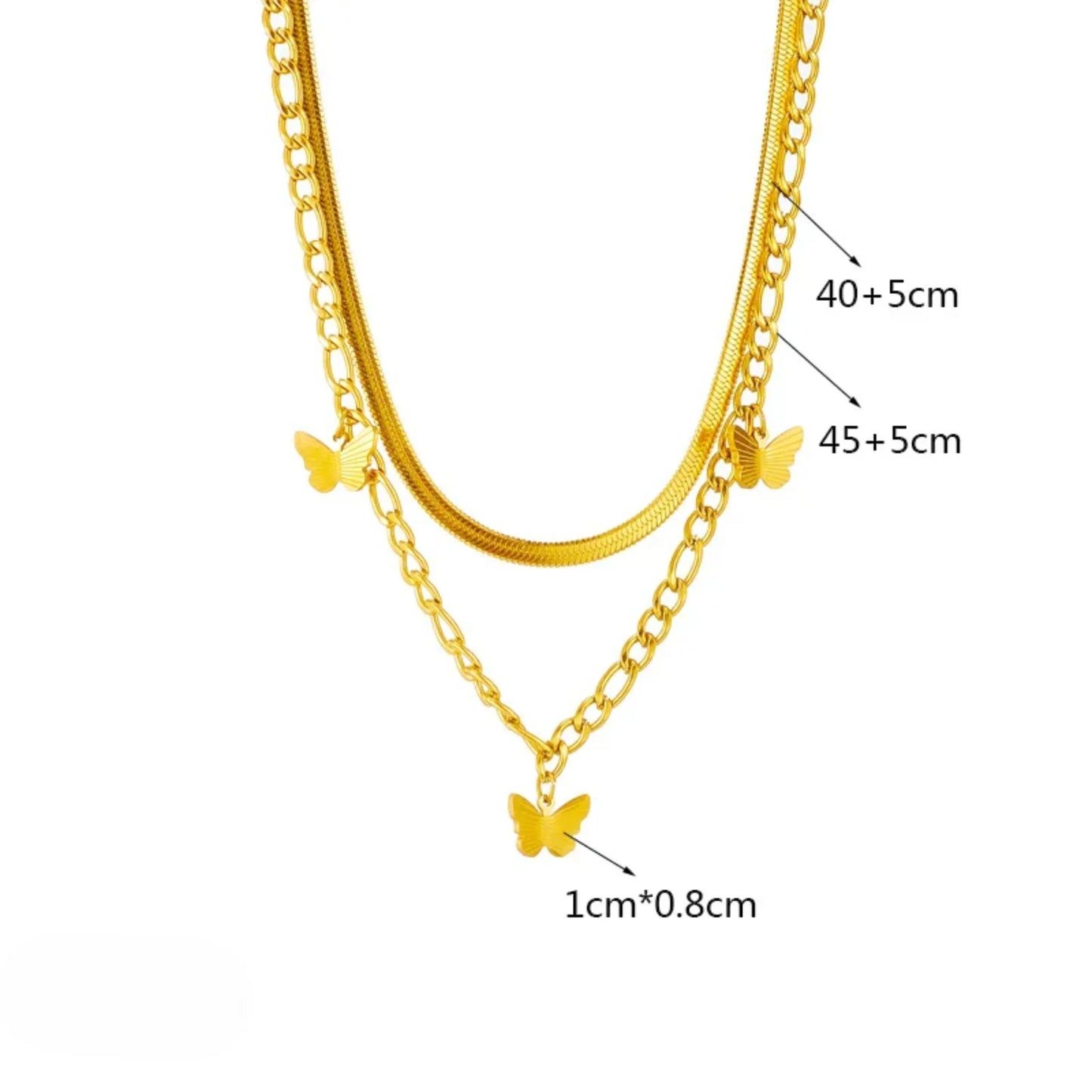JEWELRY 18K Yellow Gold-Plated Layered Necklace for Women – Link Chain with 3 Butterfly Charms & Snake Chain, 16", Tarnish-Resistant
