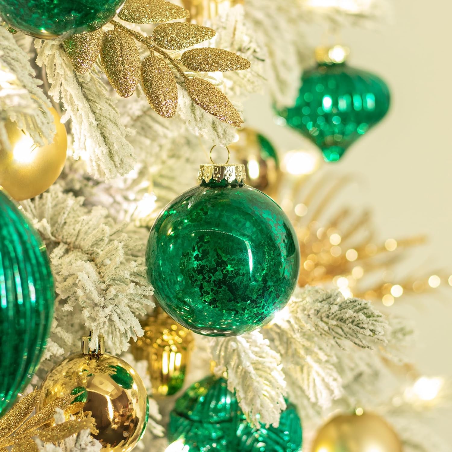 Set of 8 Green Mercury Glass Christmas Ornaments for Holiday Decor