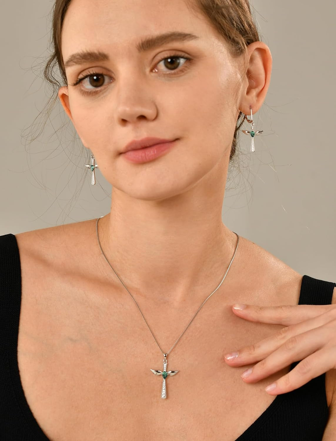 925 Sterling Silver Cross Dangle Drop Earrings Pear Cut Birthstone Angel Wings Leverback Earrings for Women