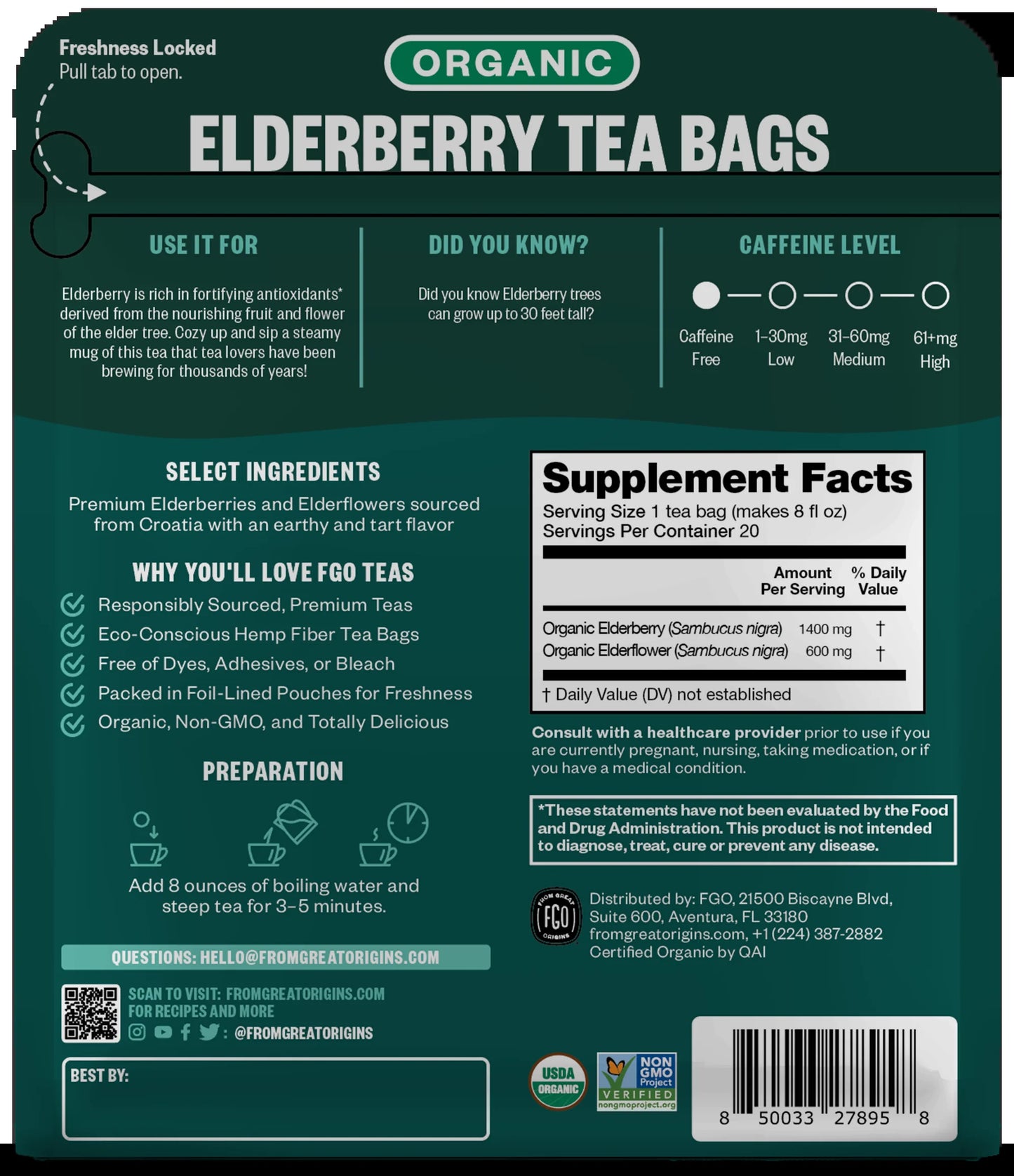 Elderberry Tea, Organic, Eco-Conscious Tea Bags (20 Count)