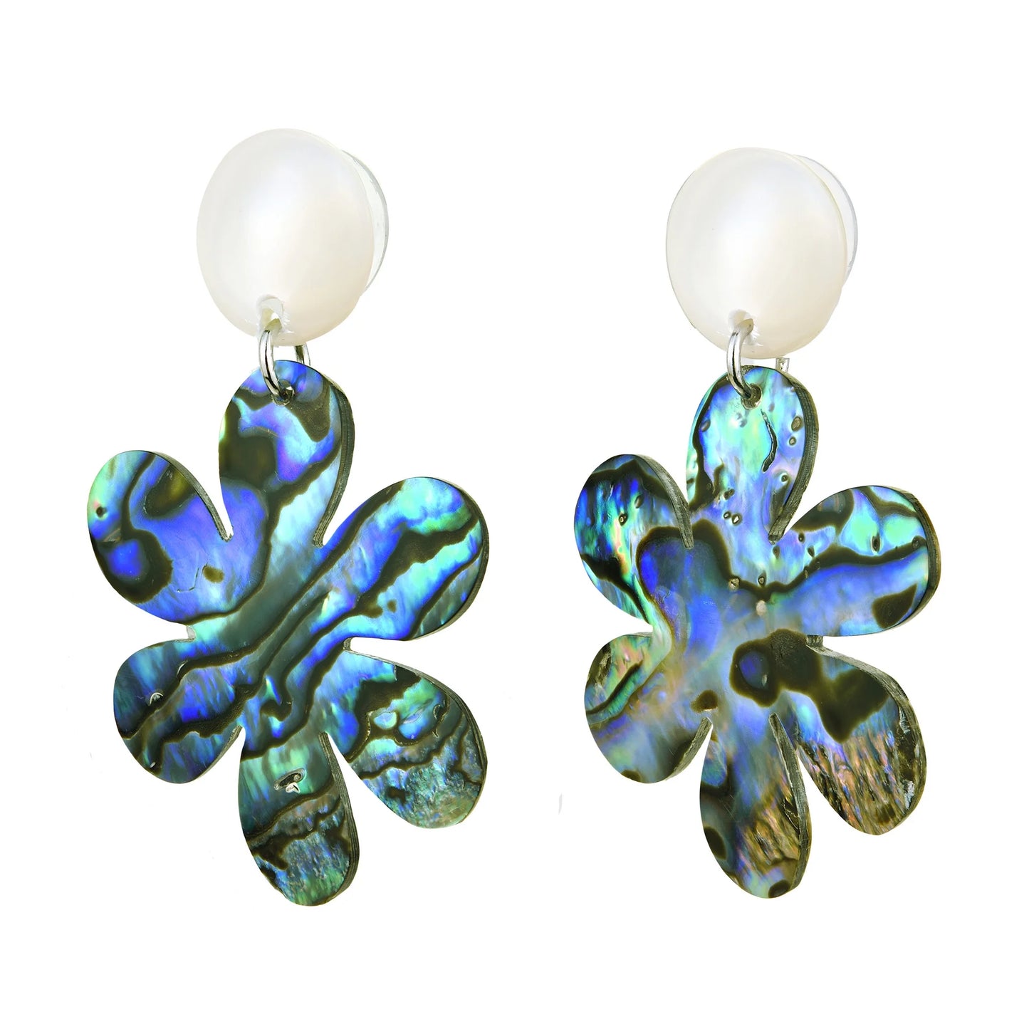 Elegance Abalone Shell Flower on White Circle Post Drop Dangle Earrings