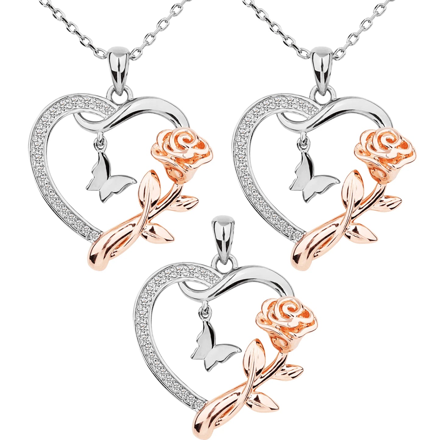 3PCS Jewelry Set Heart Necklace for Women Sterling Silver CZ Romantic Rose and Butterfly Jewelry for Women Birthday Valentine'S Day Gift