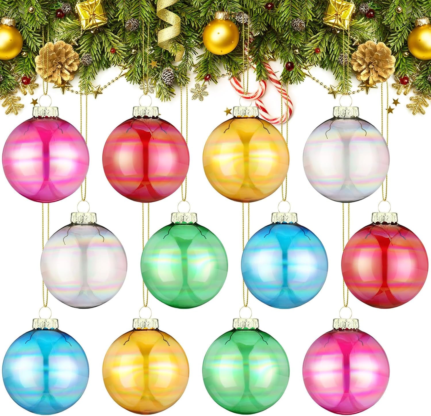12 Pcs Iridescent Glass Christmas Ornaments 2.36 Inch for Holiday Decor