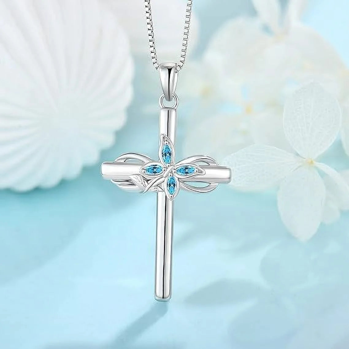 Cross Necklace for Women 925 Sterling Silver Infinity Butterfly Aquamarine Necklace March Birthstone Jewelry Gifts for Women Her Mom Wife Girlfriend Daughter