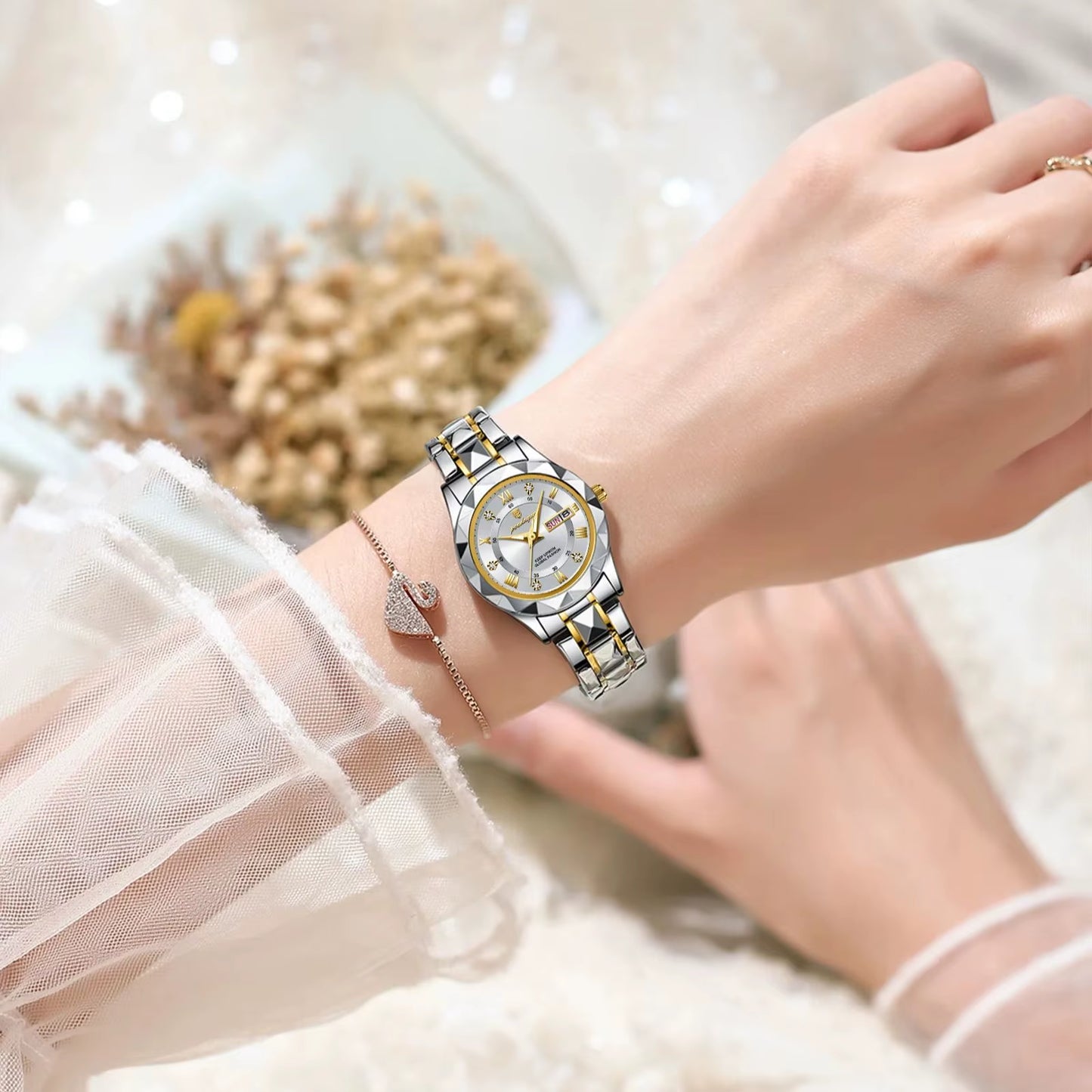 Luxury Quartz Watch for Ladies Waterproof Luminous Date Week Stainless Steel Women Watches Elegant Dress Wristwatch+Box