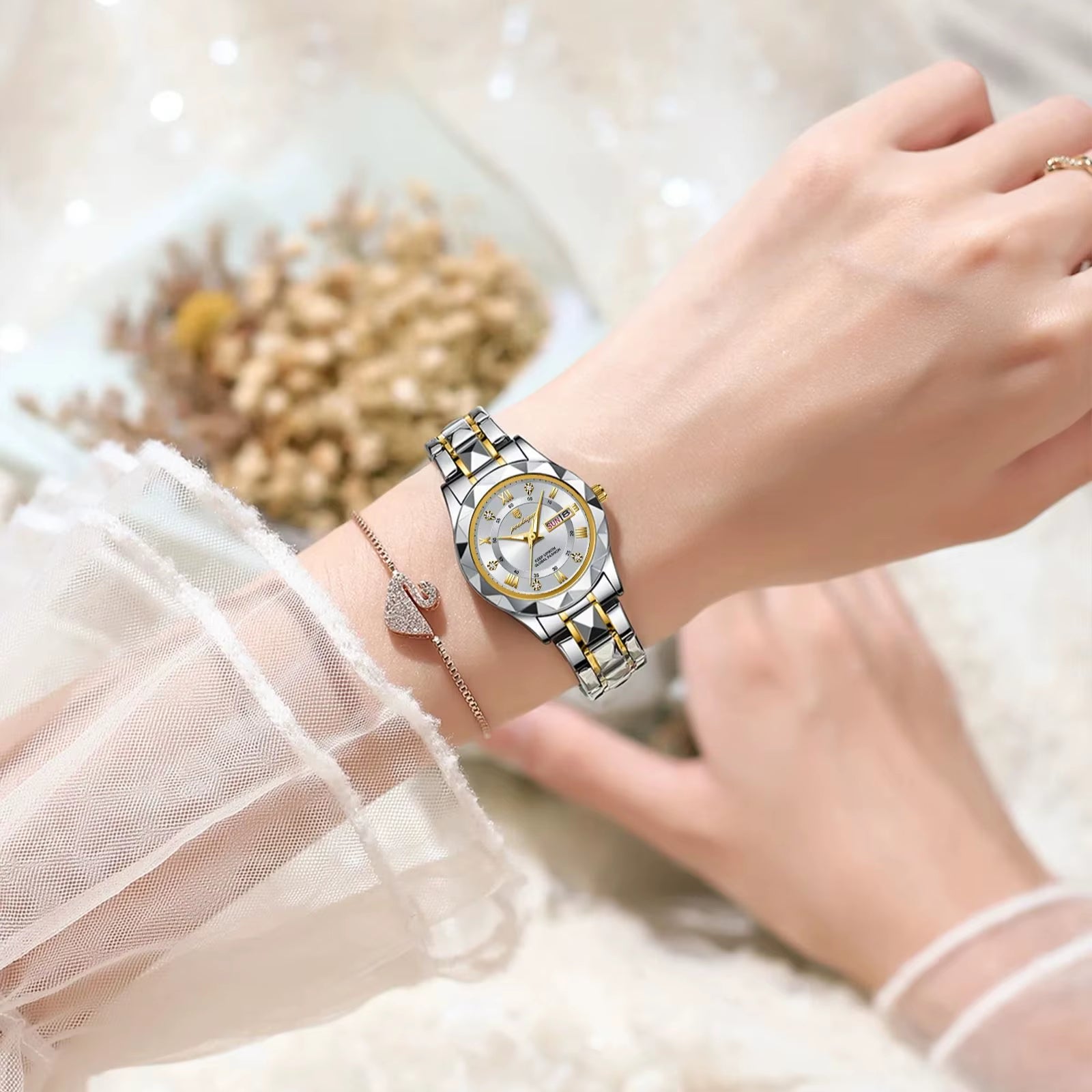 Luxury Quartz Watch for Ladies Waterproof Luminous Date Week Stainless Steel Women Watches Elegant Dress Wristwatch+Box