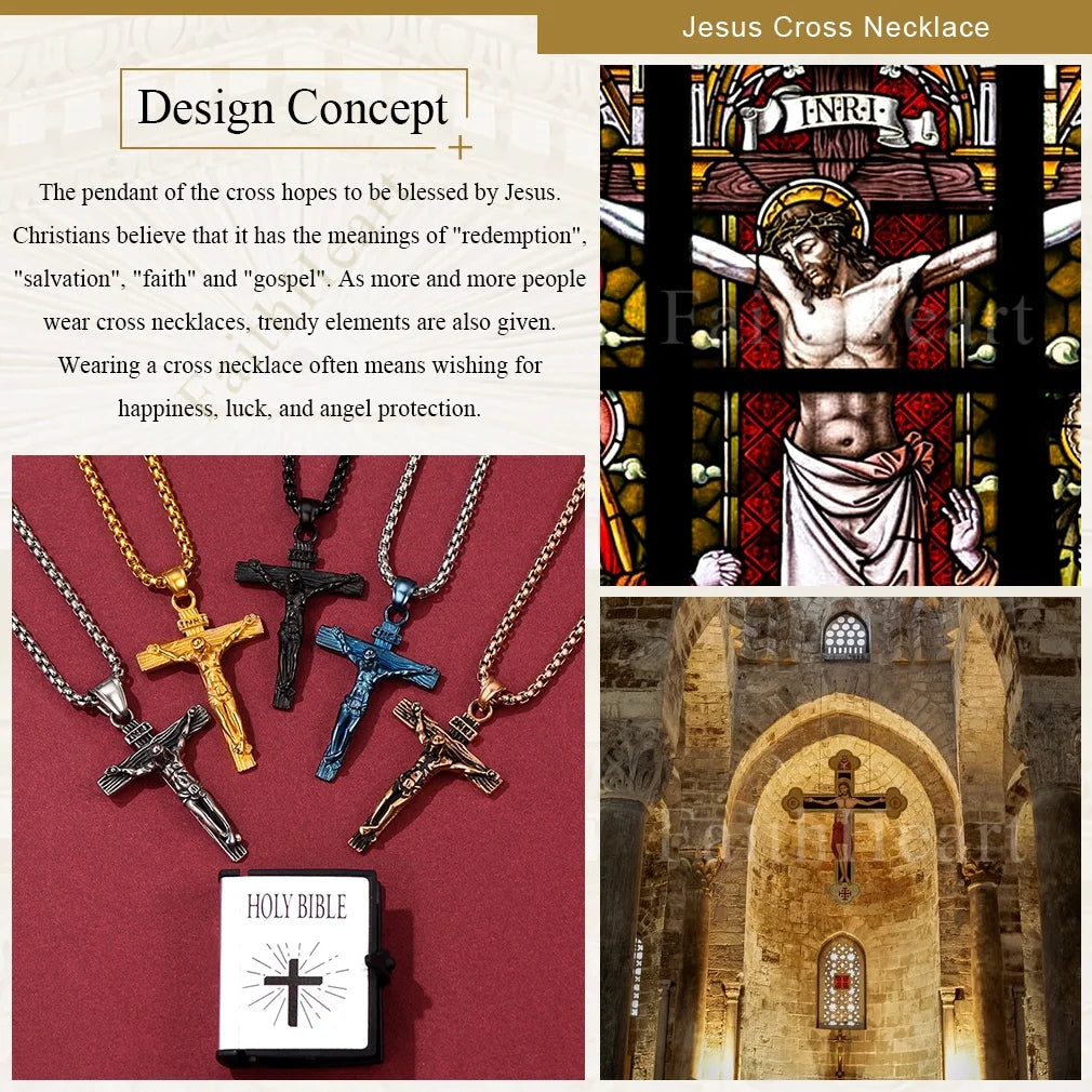 INRI Cross Pendant Crucifix Necklace Mens Gold Plated Religious Catholic Christian Neck Chains Jewelry Gift for Women Mom Birthday