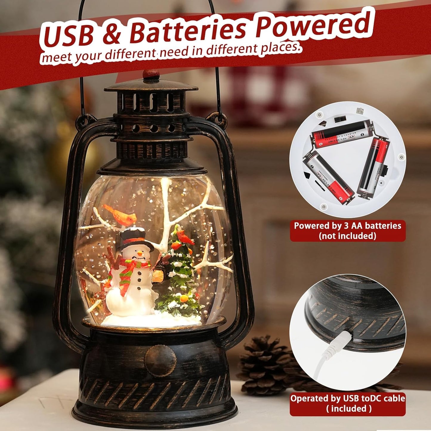 Illuminated Snowman Musical Snow Globe Lantern with Timer for Holiday Decor