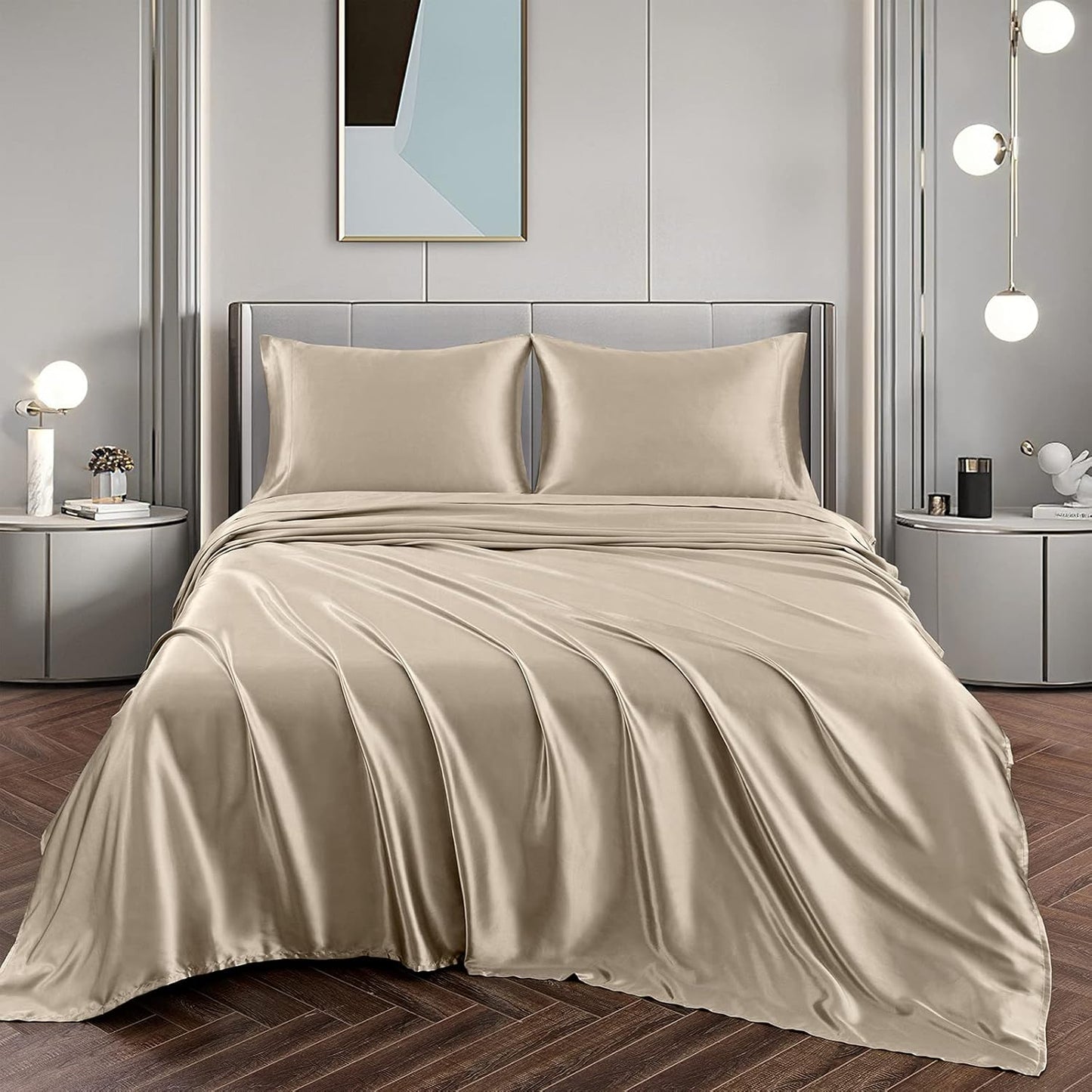Satin Sheets Queen Size Silky Soft Satin Bed Sheets Taupe Sheet Set, 1 Deep Pocket Fitted Sheet + 1 Flat Sheet + 2 Pillowcases