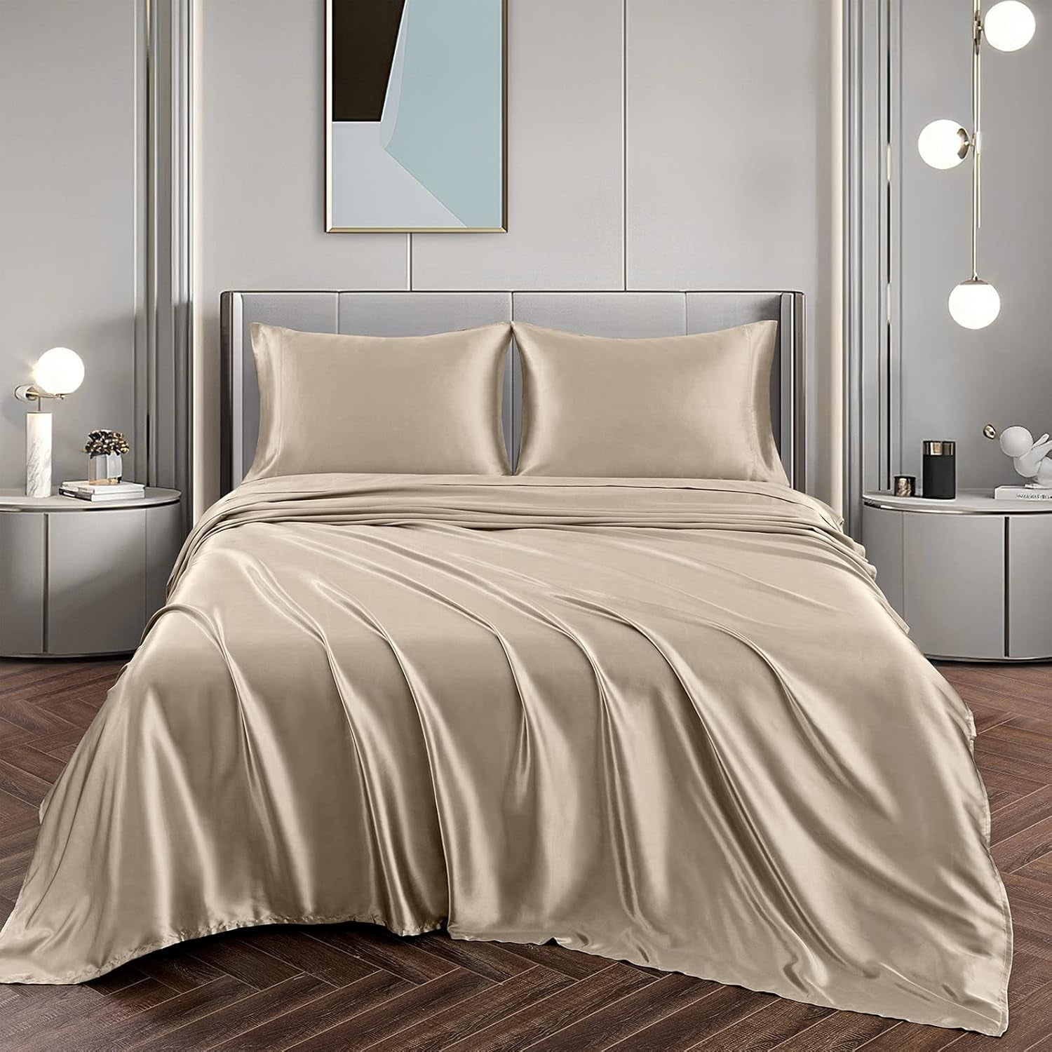 Satin Sheets Queen Size Silky Soft Satin Bed Sheets Taupe Sheet Set, 1 Deep Pocket Fitted Sheet + 1 Flat Sheet + 2 Pillowcases