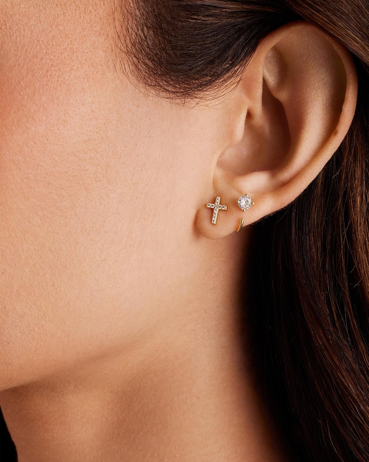 14K Gold Plated Sterling Silver Posts Cross Earrings for Women | Small Religious Faith Cubic Zirconia Cross Studs Huggies Earrings