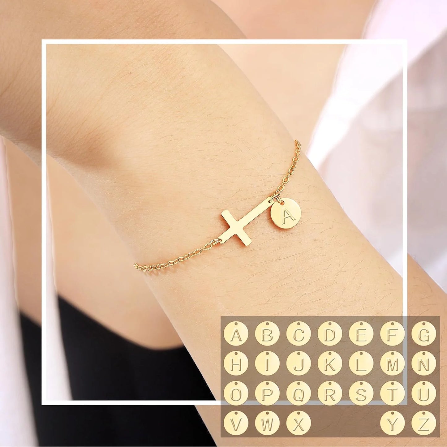 Cross Bracelet for Women Dainty Cross Bracelet with Initials Gold Link Chain Bracelets Christian Gifts for Women Teens Easter Baptism Religious Jewelry