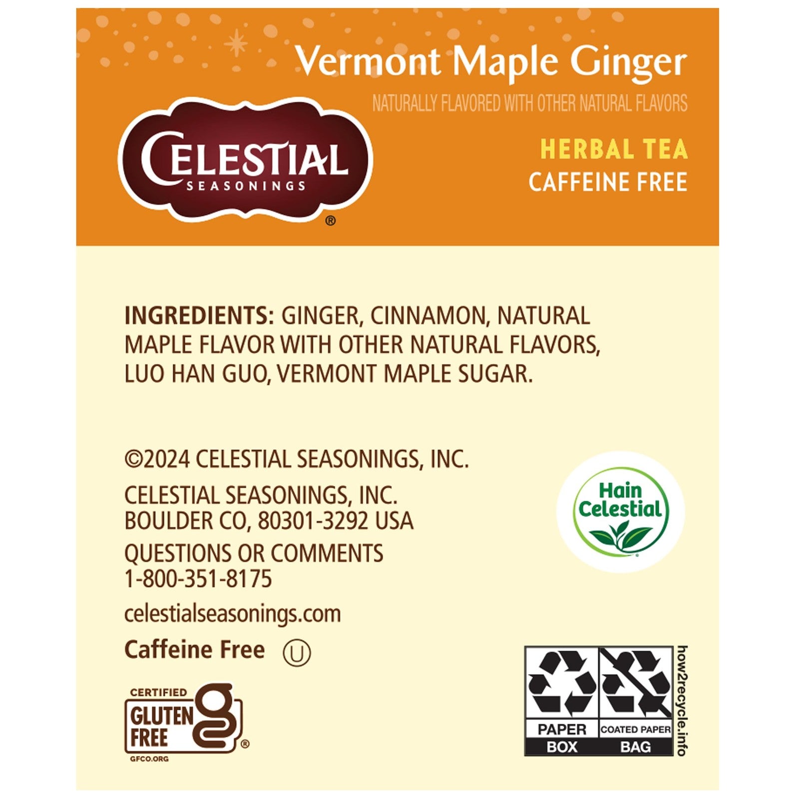 Celestial Seasonings Vermont Maple Ginger Herbal Tea 6 Boxes 20 Count Each