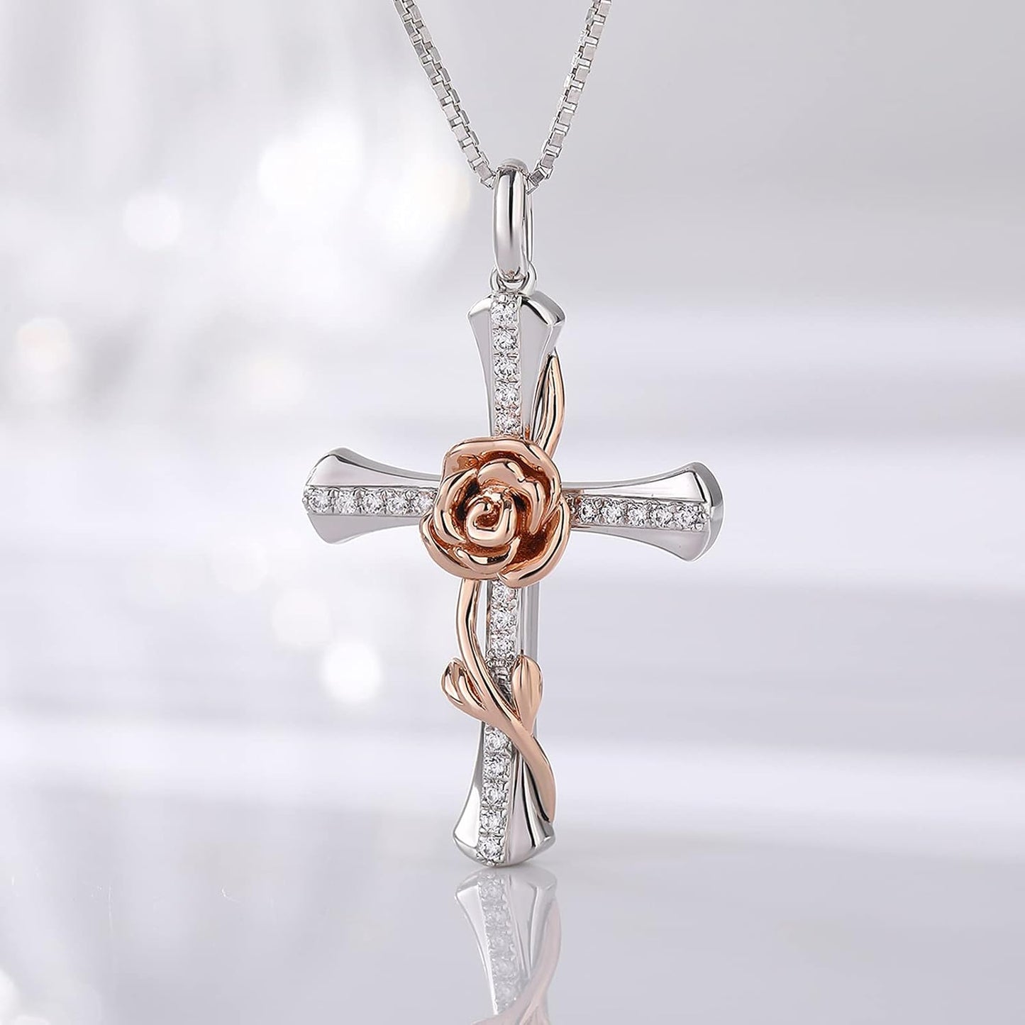 Rose Cross Necklace for Women 925 Sterling Silver Infinity Rose Cross Pendant Cubic Zirconia, Cross Jewelry Gift for Women Mom
