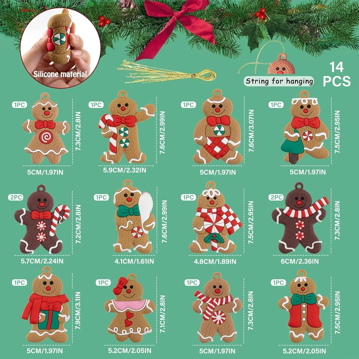 14Pcs Christmas Ornaments Gingerbread Christmas Tree Decorations Holiday Decor (Classic)