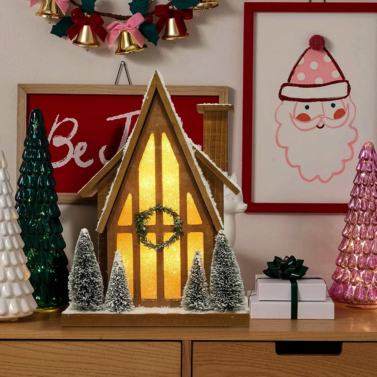 LED Lighted Christmas Village Ski Lodge with Timer - Rustic Holiday Decor