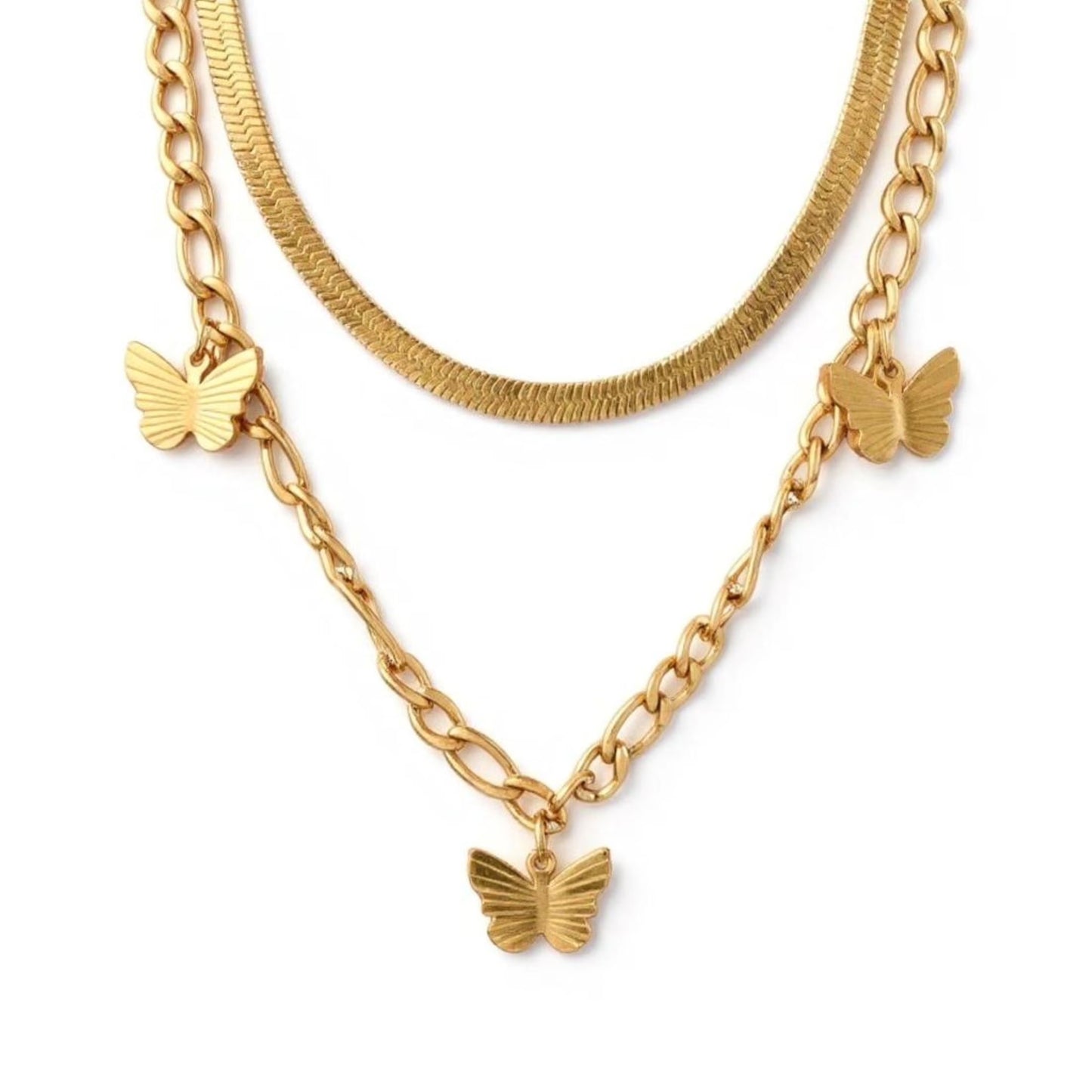 JEWELRY 18K Yellow Gold-Plated Layered Necklace for Women – Link Chain with 3 Butterfly Charms & Snake Chain, 16", Tarnish-Resistant