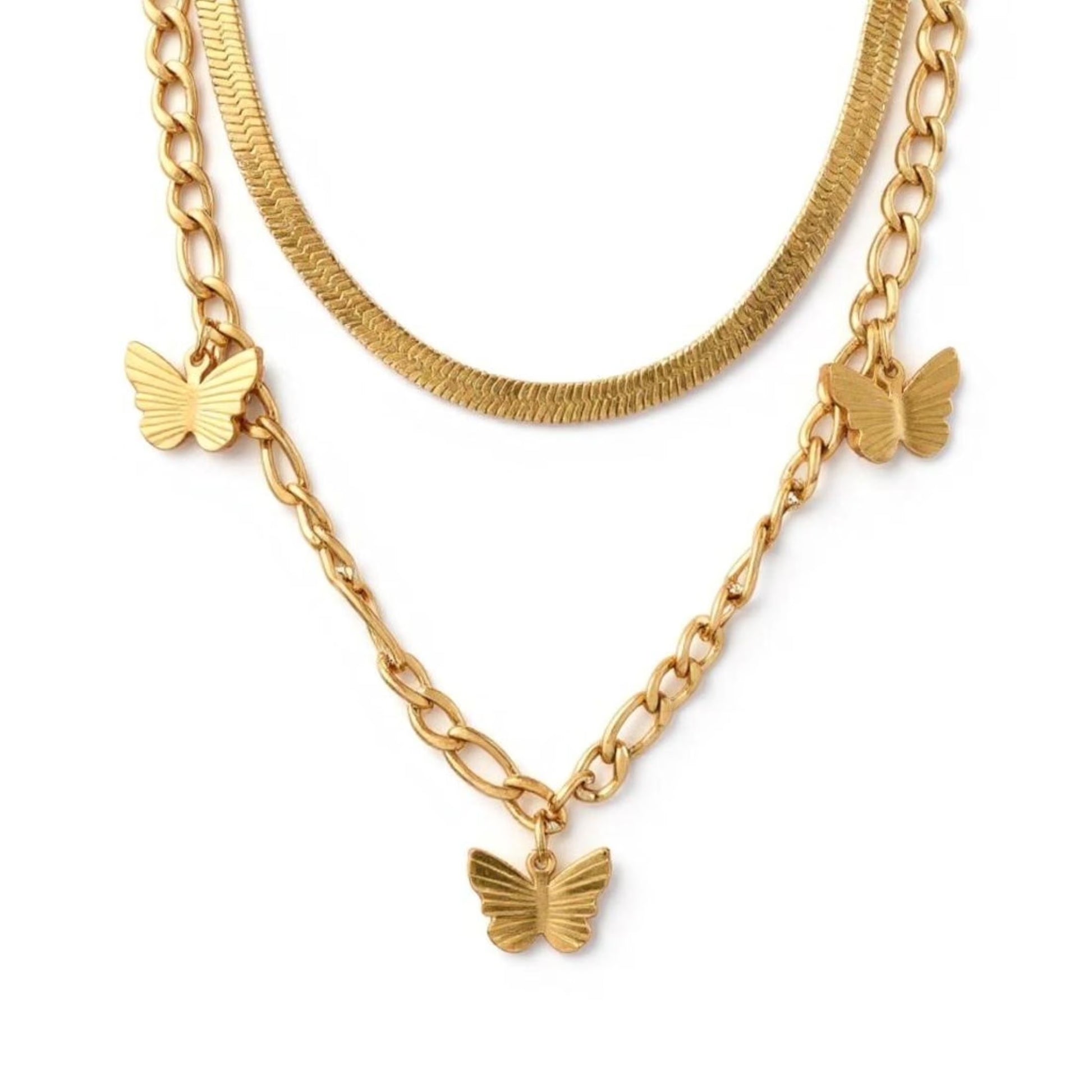 JEWELRY 18K Yellow Gold-Plated Layered Necklace for Women – Link Chain with 3 Butterfly Charms & Snake Chain, 16", Tarnish-Resistant