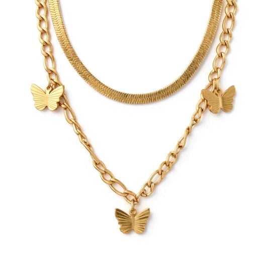JEWELRY 18K Yellow Gold-Plated Layered Necklace for Women – Link Chain with 3 Butterfly Charms & Snake Chain, 16", Tarnish-Resistant