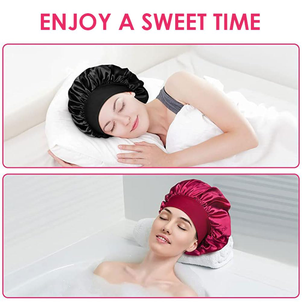 White Silk Bonnet for Sleeping Women Silk Hair Bonnet for Sleeping Curly Hair Braids Large Satin Sleep Cap Wide Band Night Caps