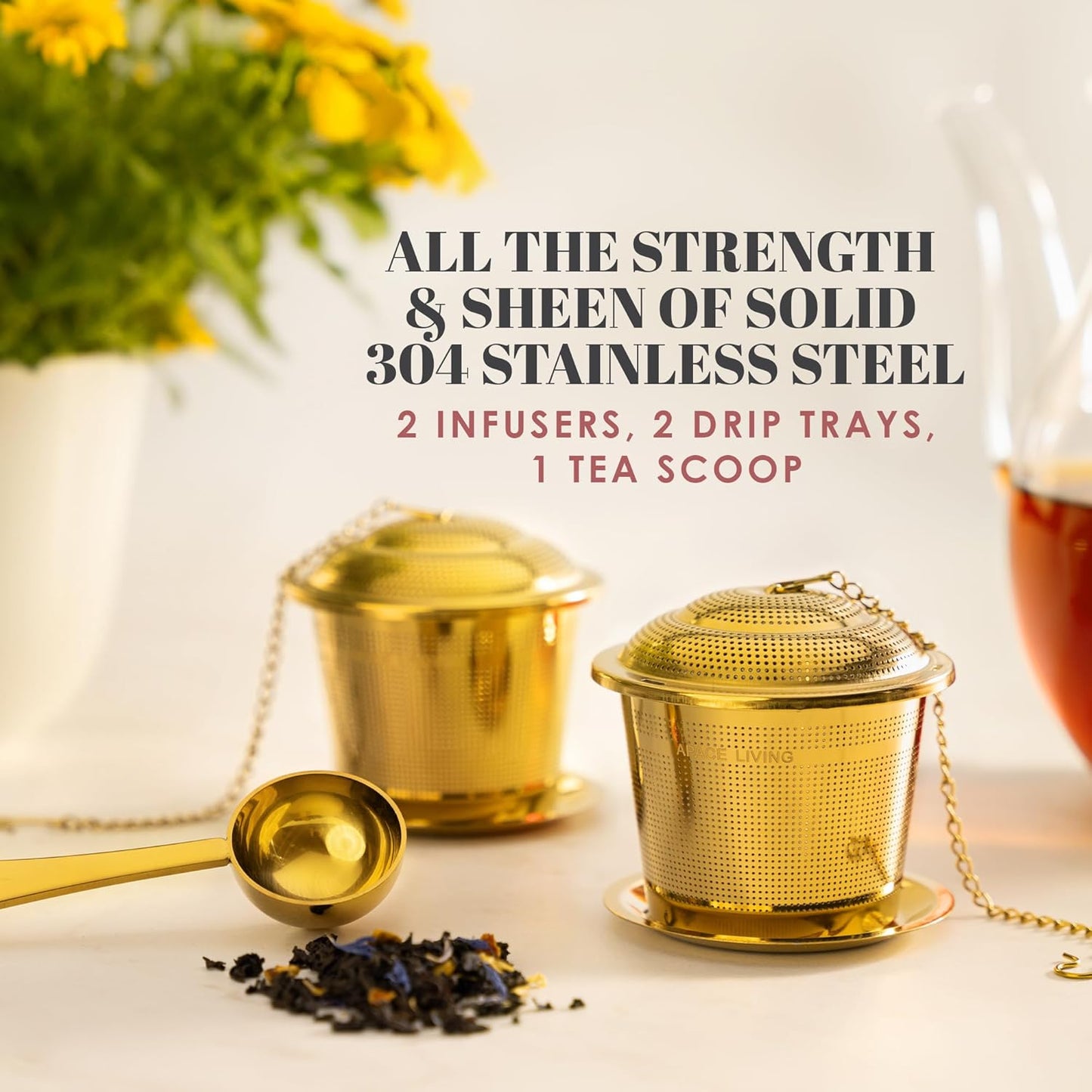 Tea Infuser (Set of 2) with Tea Scoop and Drip Dray - Ultra Fine Tea Strainer for Loose Leaf Tea - Stainless Steel Tea Steeper for a Superior Brewing Experience