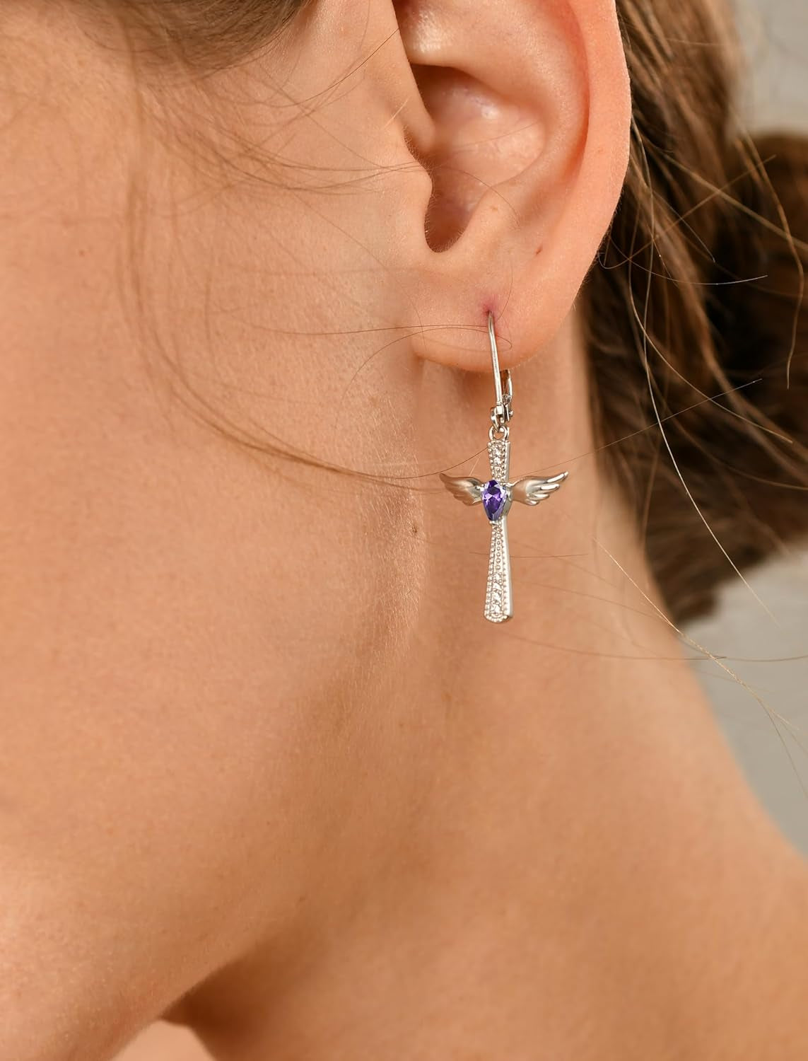 925 Sterling Silver Cross Dangle Drop Earrings Pear Cut Birthstone Angel Wings Leverback Earrings for Women