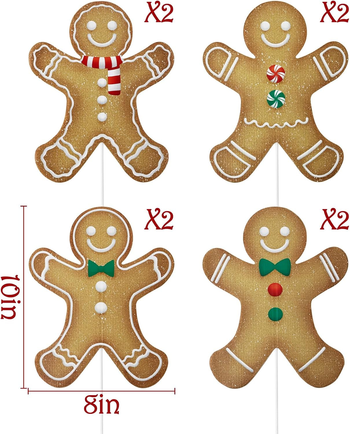 Large Gingerbread Man Tree Picks - 8Pcs Rustic Ornaments for Holiday Decor