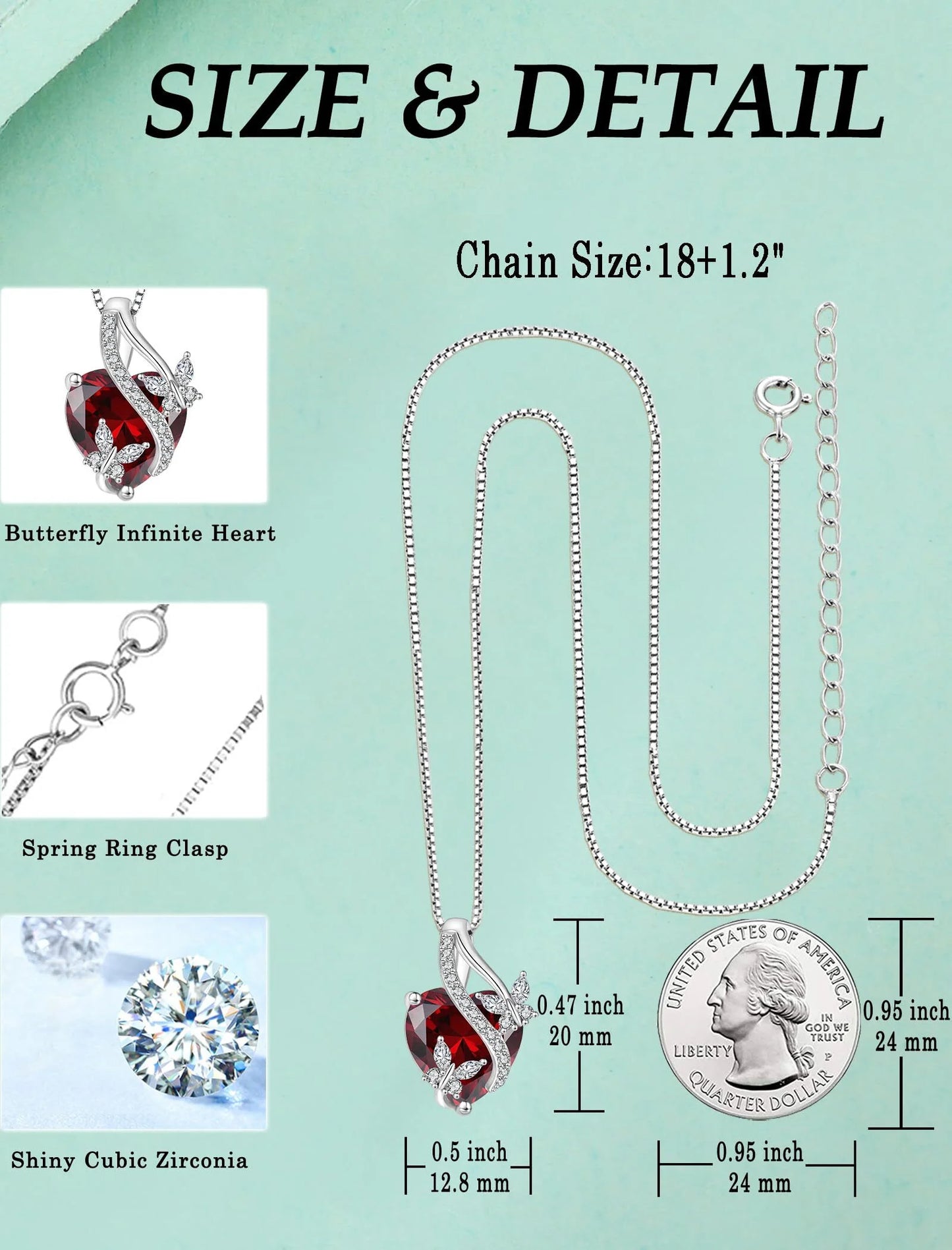 Infinite Heart Pendant Sterling Silver Butterfly Necklace for Women Jewelry Gift with Birthstone January Created Garnet