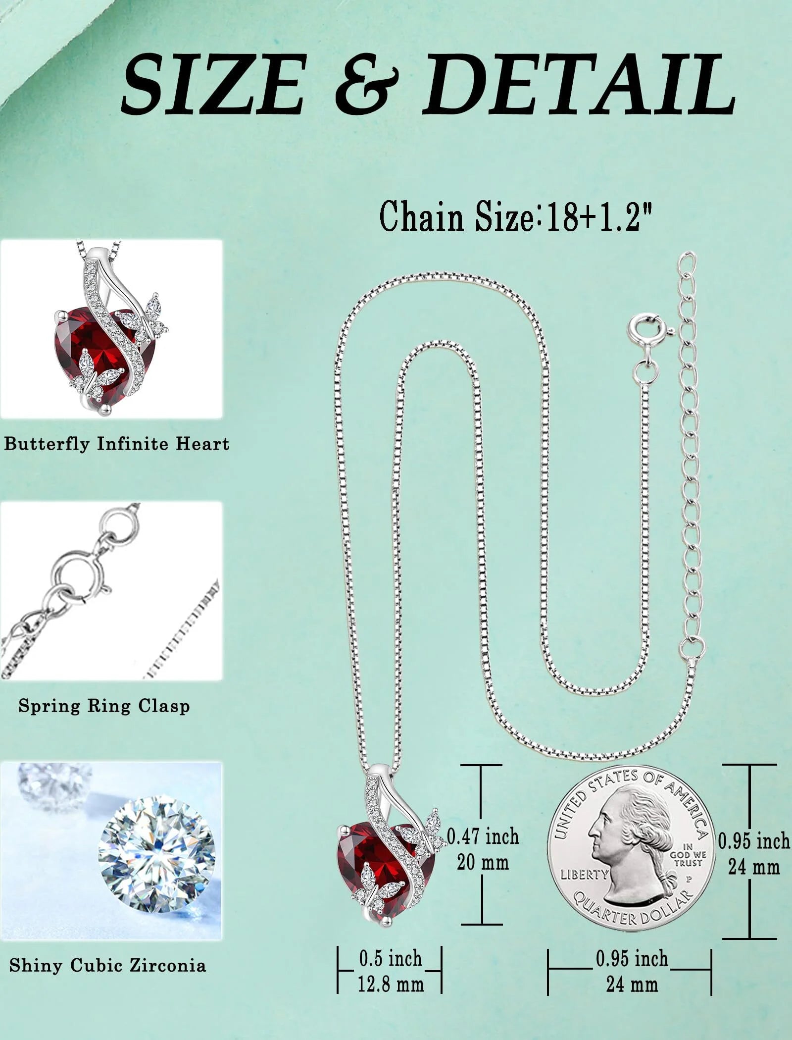 Infinite Heart Pendant Sterling Silver Butterfly Necklace for Women Jewelry Gift with Birthstone January Created Garnet