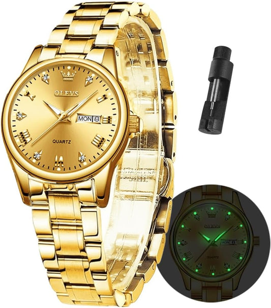 Gold Watches for Women Classic Stainless Steel Waterproof Womens Wrist Watch Small Face Ladies Watches with Day Date Analog Quartz Dress Women'S Watch Casual Gold Silver Black Dial Female Watch