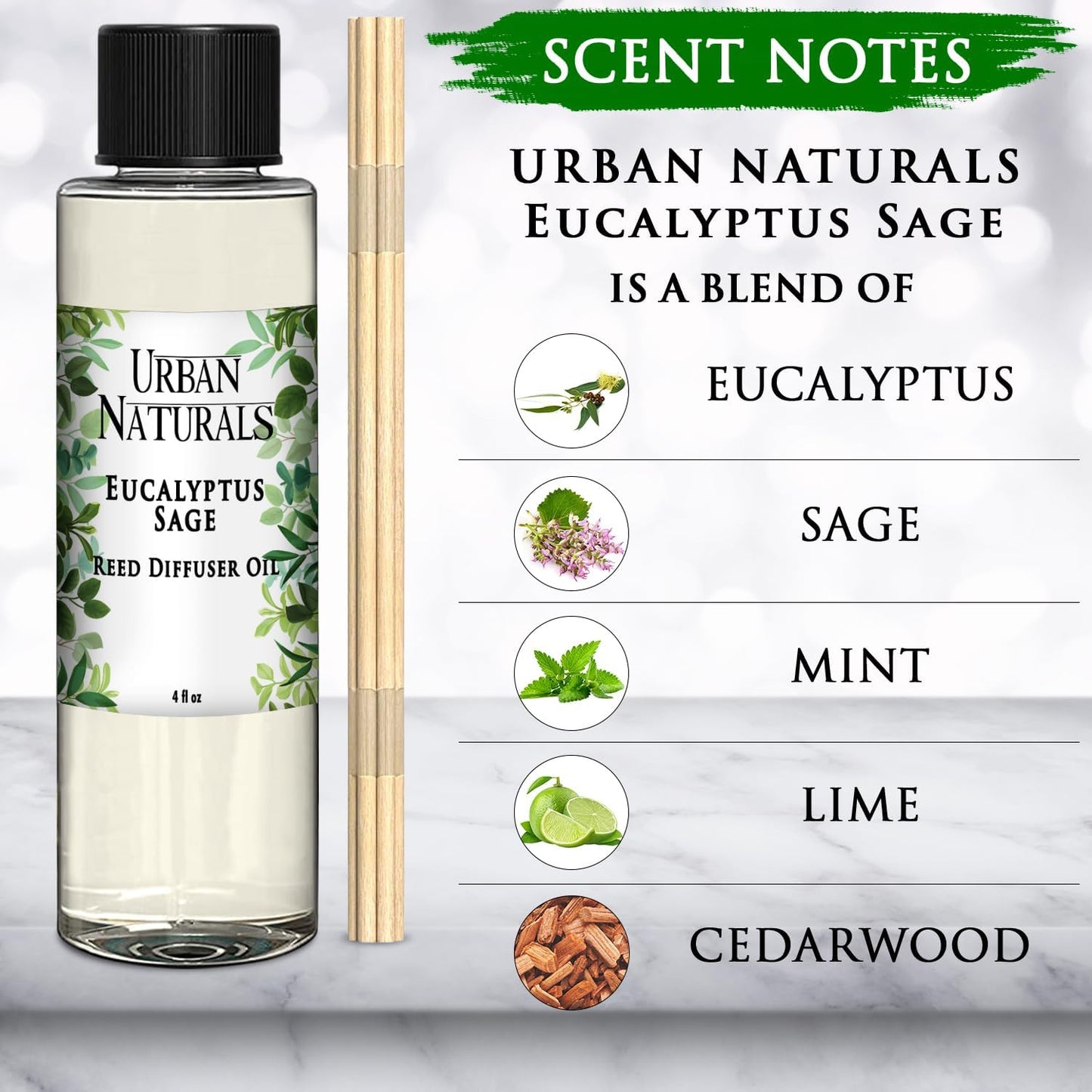 Eucalyptus & Sage Oil Reed Diffuser Refill and Reed Sticks | Eucalyptus, Sage, Mint, Lime and Cedarwood, 4 Oz (2 Pack)
