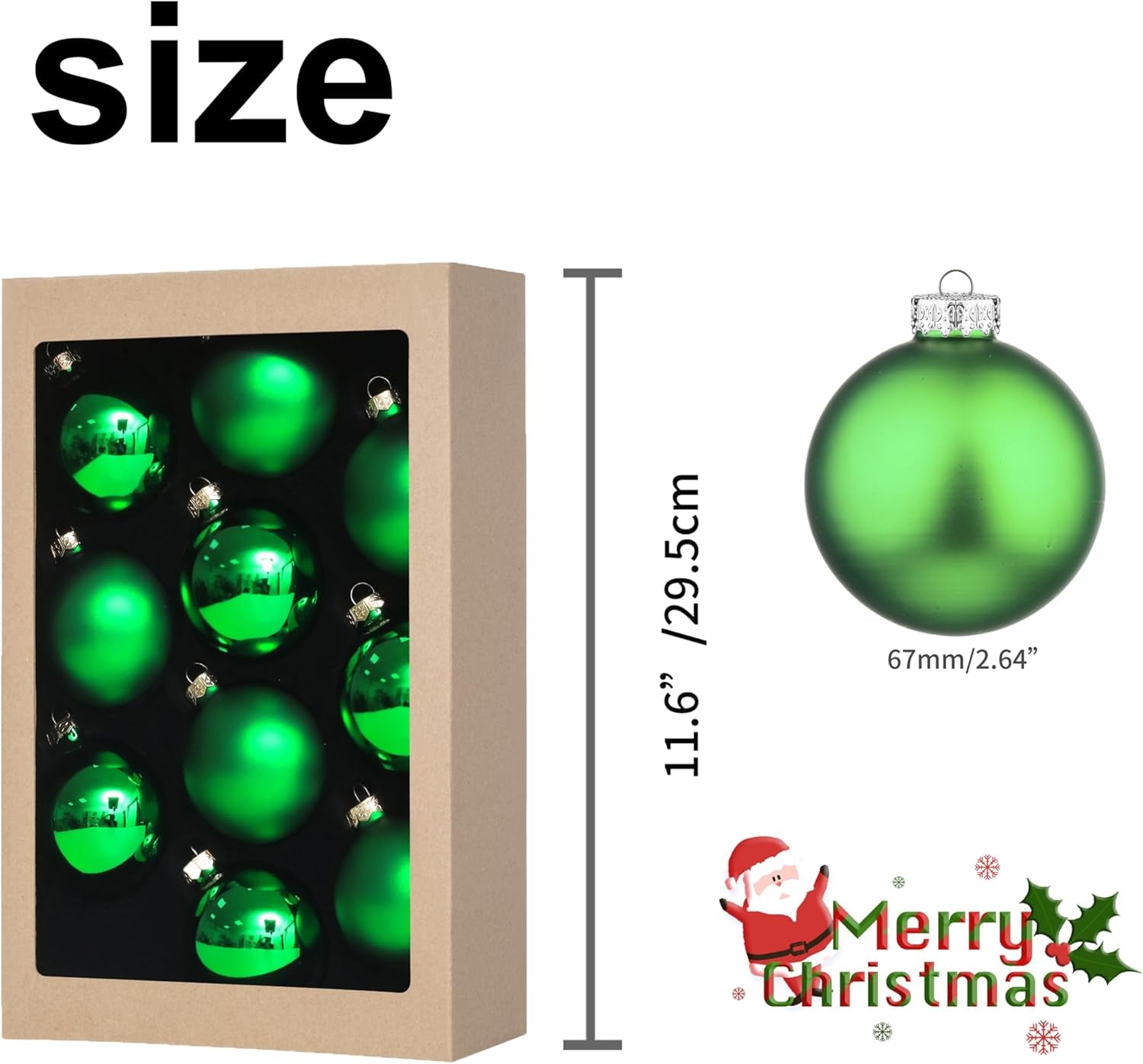 Set of 10 Green 2.64" Glass Christmas Ornaments for Holiday Decor