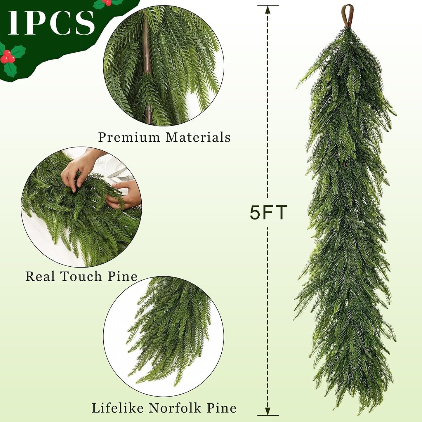 5FT Artificial Norfolk Pine Garland for Holiday Decor - Indoor/Outdoor Use