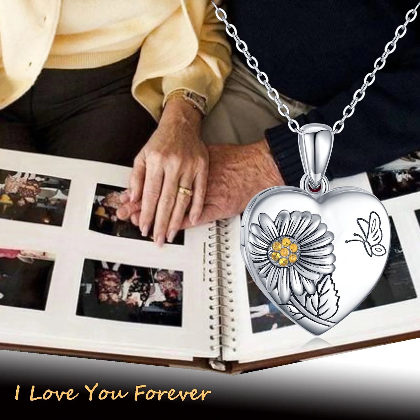 Heart Sunflower Locket Necklace 925 Sterling Silver Sunflower Butterfly Locket Necklace That Hold 2 Photos Locket Jewelry Gift for Women