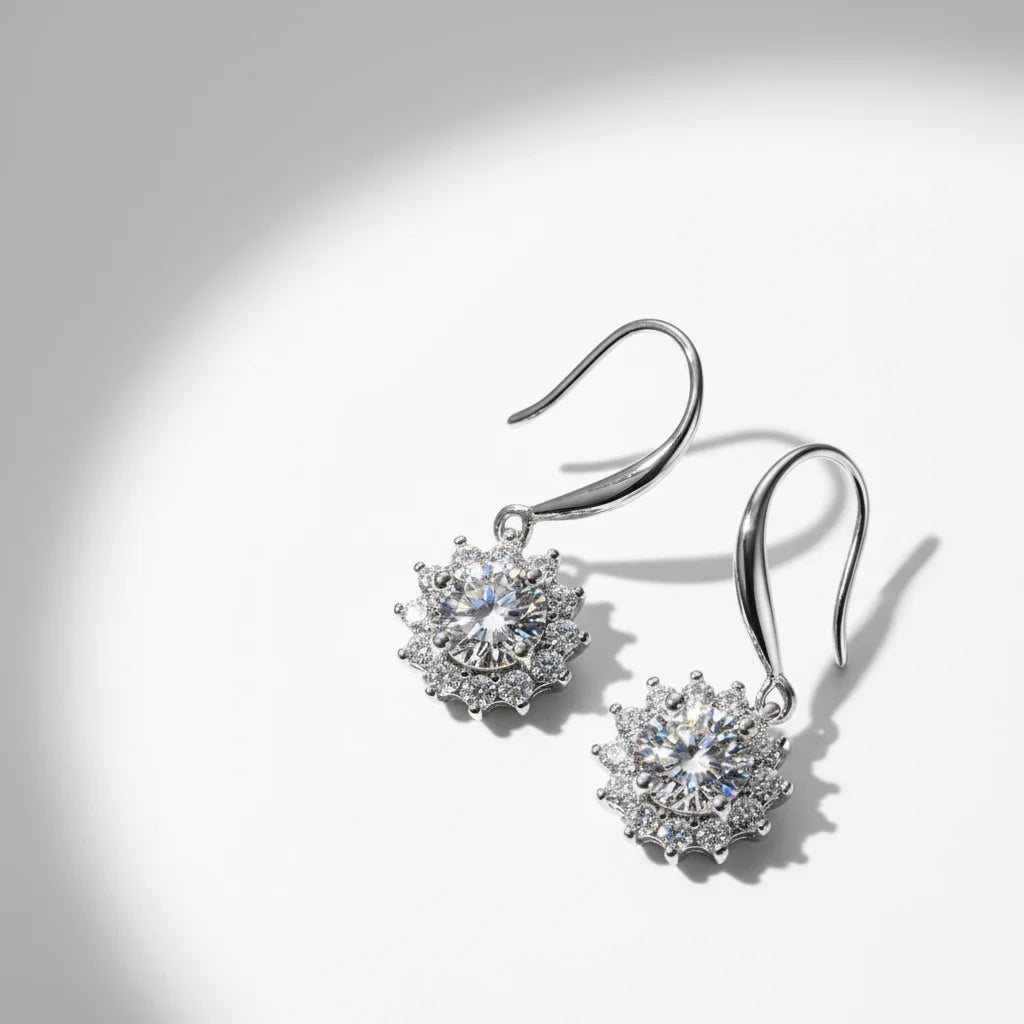 Sterling Silver White Gold Plated Moissanite Sunflower Dangle Earrings Wedding Jewelry S925