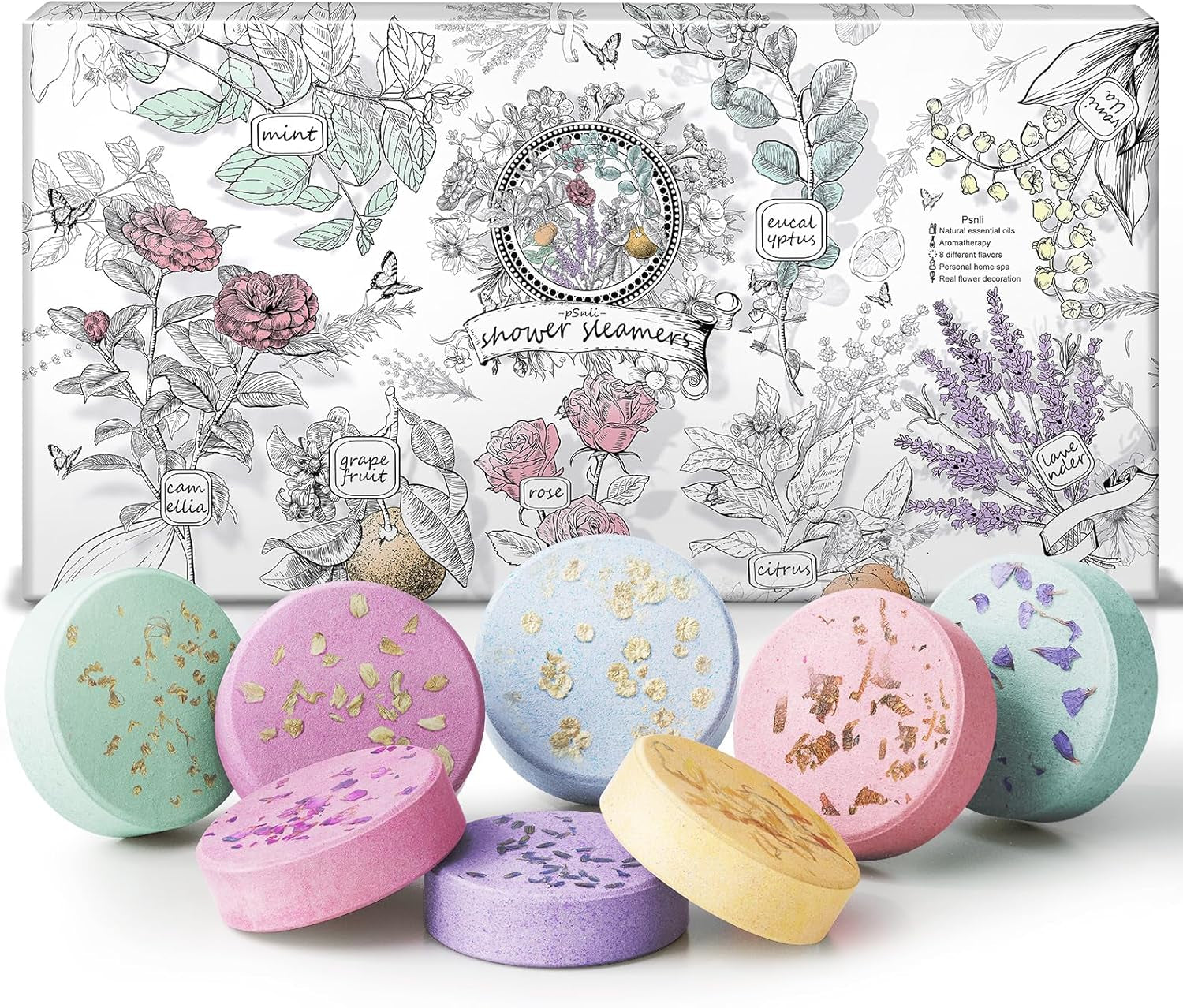 Shower Steamers – 8 Scents (Lavender, Mint, Orange, Grapefruit, Eucalyptus Mint, Camellia, Baby Powder, Rose) Aromatherapy Relaxing Spa Gifts for Women, Stocking Stuffers, Christmas Gifts