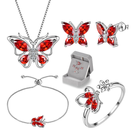 January Birthstone Jewelry Set Red Butterfly Garnet Fine Necklace/Earrings/Ring/Bracelet Sterling Silver Women Xmas Birthday Mother'S Day Gifts