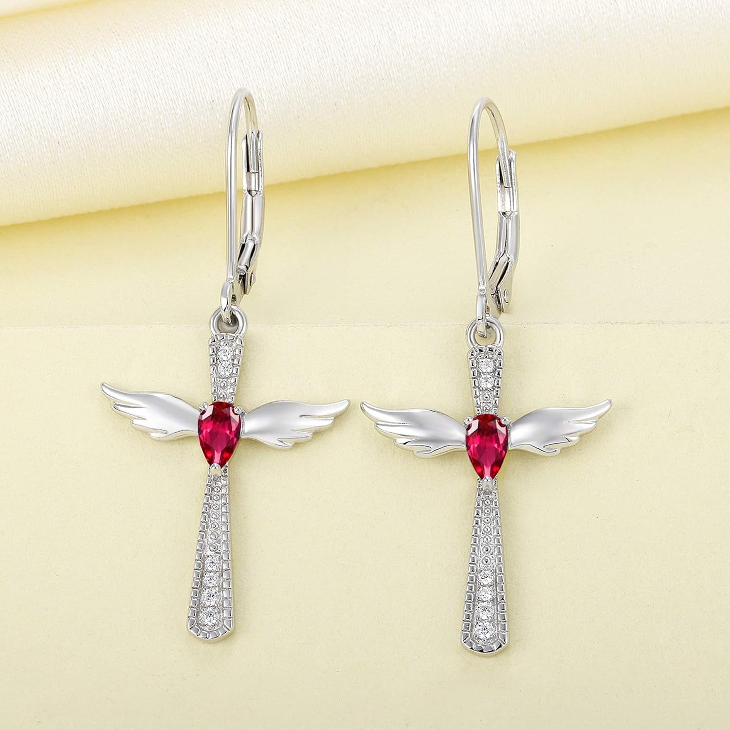 925 Sterling Silver Cross Dangle Drop Earrings Pear Cut Birthstone Angel Wings Leverback Earrings for Women
